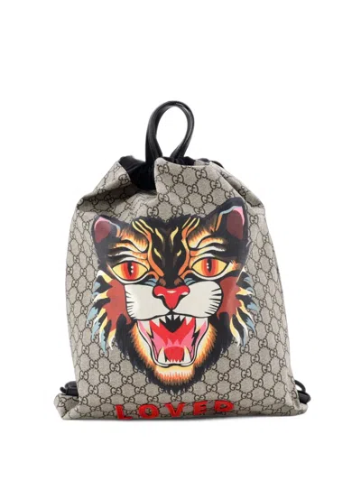 Pre-owned Gucci Drawstring Printed Gg Coated Canvas Large Backpack In Brown