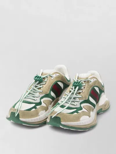 Gucci Drawstring Sneakers Suede Monogram Web Detail In Green