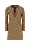 Gucci Beige Crewneck Mini Dress With Horsebit On The Front In Gg Canvas Woman