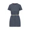 Gucci Fitted Blue Cotton Dress With Contrast Belt In Blue