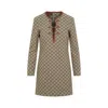 Gucci Beige Crewneck Mini Dress With Horsebit On The Front In Gg Canvas Woman In Brown