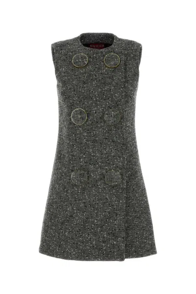 Gucci Women Melange Grey Wool Blend Mini Dress In Gray