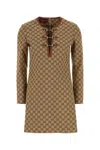 Gucci Beige Crewneck Mini Dress With Horsebit On The Front In Gg Canvas Woman In Printed