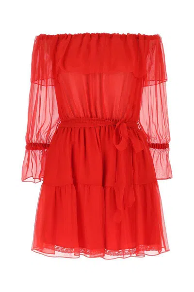 Gucci Off-shoulder Silk-chiffon Dress In Red