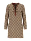 Gucci Beige Crewneck Mini Dress With Horsebit On The Front In Gg Canvas Woman