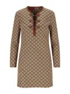Gucci Beige Crewneck Mini Dress With Horsebit On The Front In Gg Canvas Woman