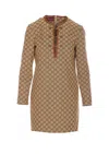 Gucci Beige Crewneck Mini Dress With Horsebit On The Front In Gg Canvas Woman