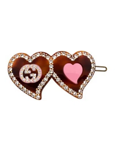 Pre-owned Gucci Dual Heart Hair Clip In Brown