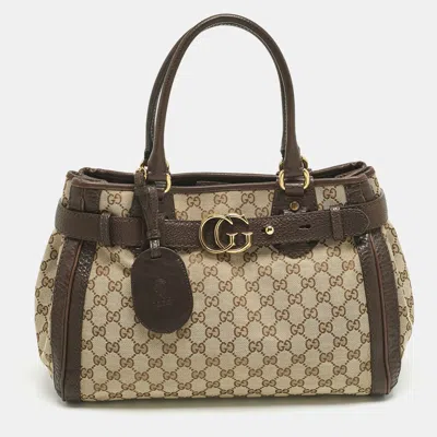 Pre-owned Gucci Ebony/beige Gg Canvas And Leather Medium Running Tote In Brown