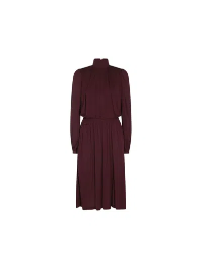 Gucci Eggplant-purple Pleated High-neck Viscose Crepe T-shirt Mini Dress With Long Sleeves In Multi