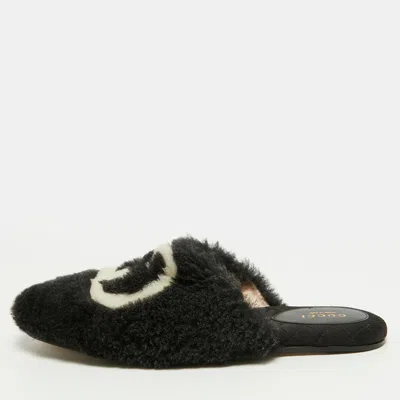 Pre-owned Gucci Eileen Size 38.5 Black Shearling Fur Mules