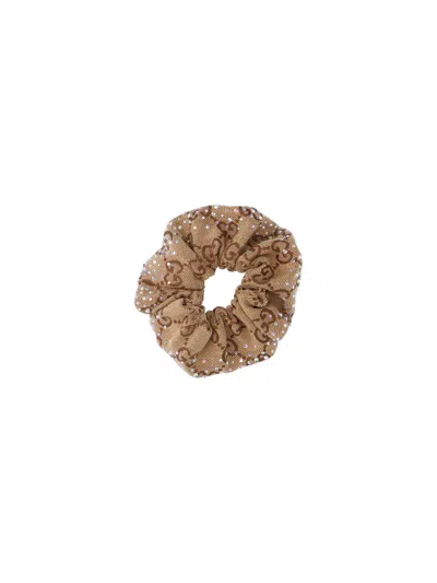 Gucci Womens Sand/light Brown Gg-monogram Crystal-embellished Canvas Hair Scrunchie In Beige