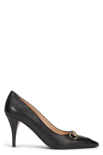 Gucci High-heeled Leather Slip-on Shoe With Monogram Design In Black