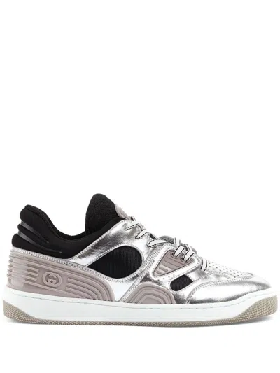 Gucci Elevate Your Style With This Silver And Black Metallic-leather Sneaker