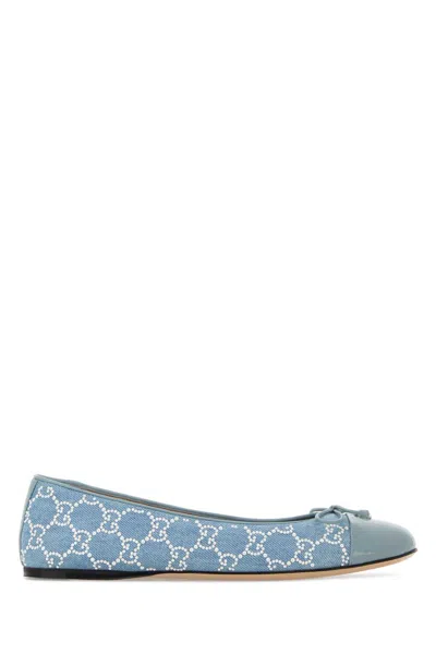 Gucci Embellished Denim Ballerinas In Blue