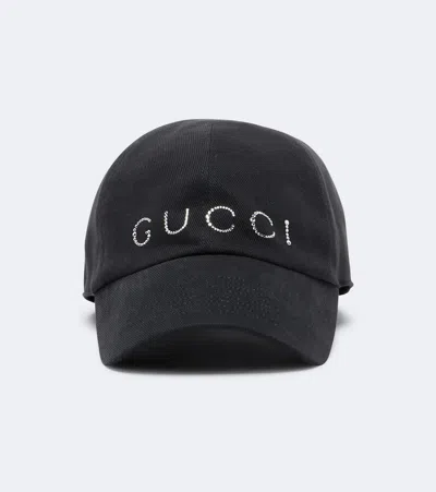 Gucci Embellished Logo Cotton-blend Baseball Cap In Black