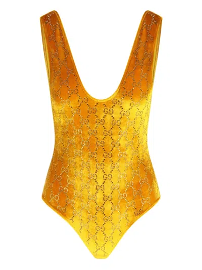Gucci Embellished-logo Swimsuit In Yellow