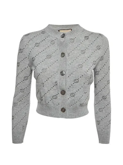 Pre-owned Gucci Embellished Monogram Cardigan In Gray