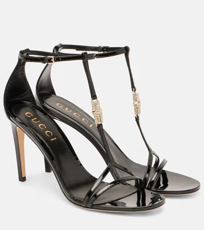 Gucci Embellished Patent Leather Sandals In Black