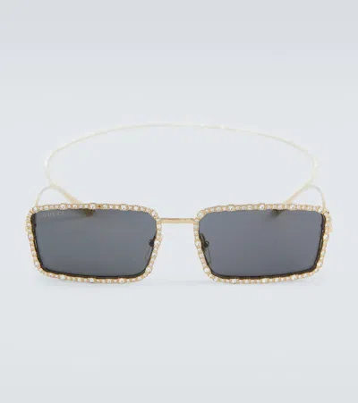 Gucci Embellished Rectangular Sunglasses In Gold