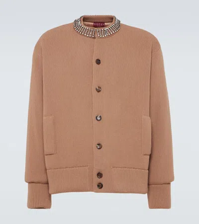 Gucci Embellished Ribbed-knit Wool Cardigan In Brown