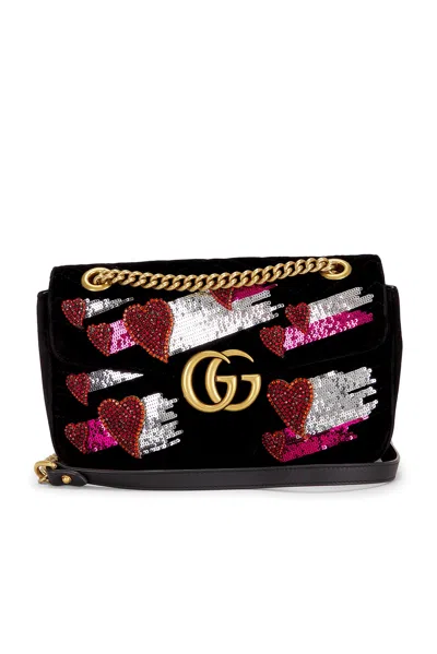 Pre-owned Gucci Embellished Velvet Gg Marmont Shoulder Bag In Black