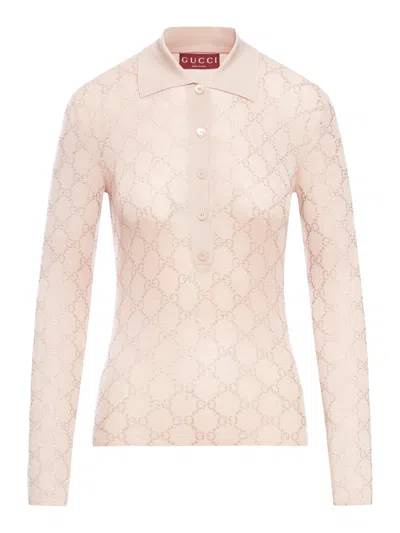 Gucci "gg Crystal" Knit Polo Shirt In Nude & Neutrals