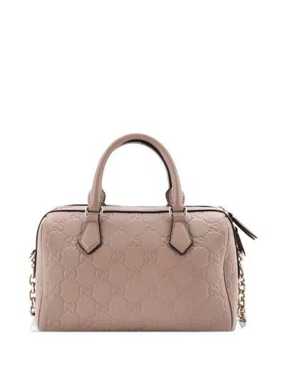 Pre-owned Gucci Emblem Boston Bag Gg Embossed Leather Medium Crossbody Bag In Neutral