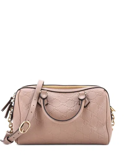 Pre-owned Gucci Emblem Boston Bag Gg Embossed Leather Medium Crossbody Bag In Neutral