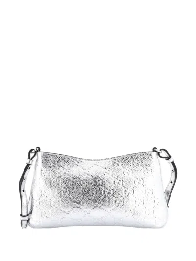 Pre-owned Gucci Emblem Chain Ssima Leather Medium Shoulder Bag In Silver