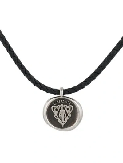 Pre-owned Gucci Emblem Crest Pendant Leather Necklace, 19" In Black
