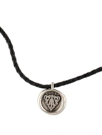 Pre-owned Gucci Emblem Crest Pendant Necklace, 20" In Black