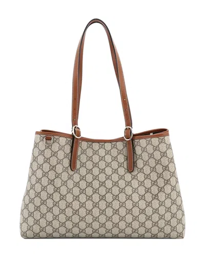 Pre-owned Gucci Emblem Gg Coated Canvas Large Tote Bag In Neutral