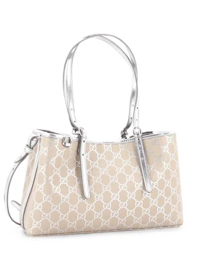 Pre-owned Gucci Emblem Gg Coated Canvas Small Tote Bag In Neutral