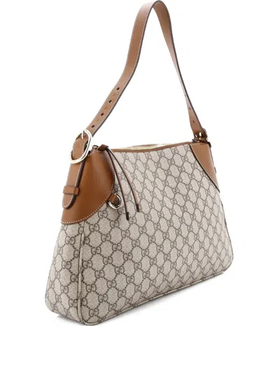 Pre-owned Gucci Emblem Gg Coated Canvas With Leather Large Shoulder Bag In Brown