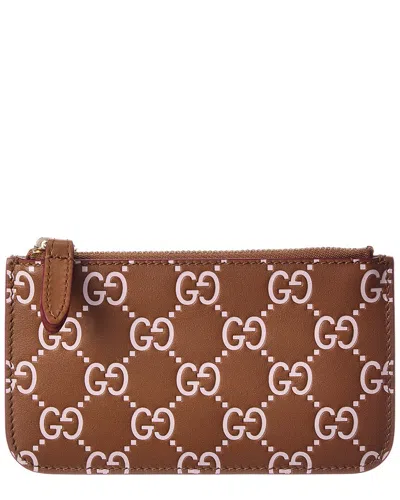 Gucci Emblem Gg Leather Key Case In Brown