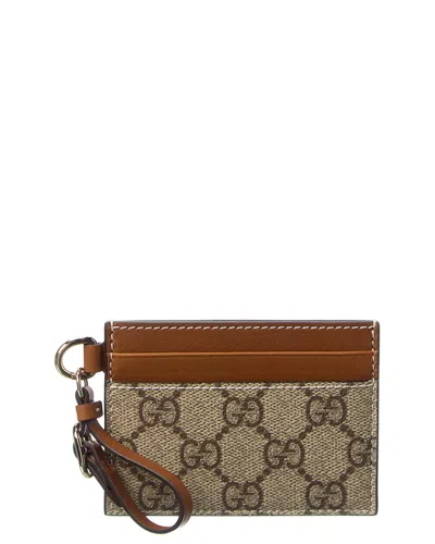 Gucci Emblem Gg Supreme Canvas & Leather Card Case In Brown