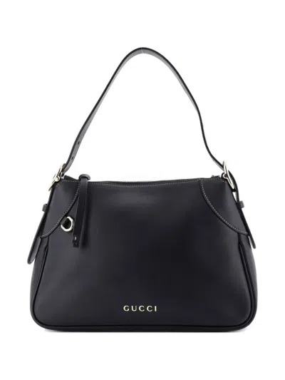 Pre-owned Gucci Emblem Leather Medium Shoulder Bag In Black