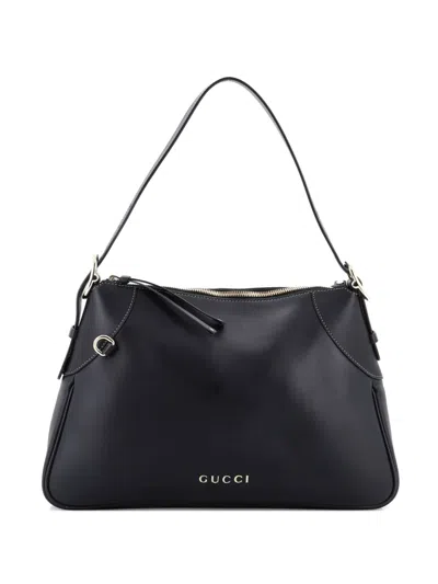 Pre-owned Gucci Emblem Leather Medium Shoulder Bag In Black