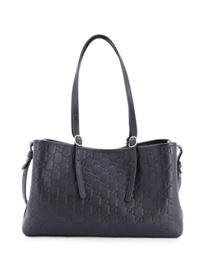 Pre-owned Gucci Emblem Tote Ssima Leather Medium Shoulder Bag In Black