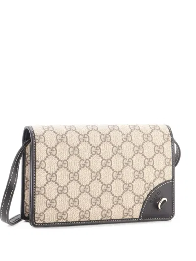 Pre-owned Gucci Emblem Wallet On Strap Gg Coated Canvas Shoulder Bag In Black