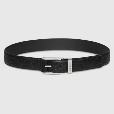 Gucci Embossed Gg Belt With Squared Buckle In Black