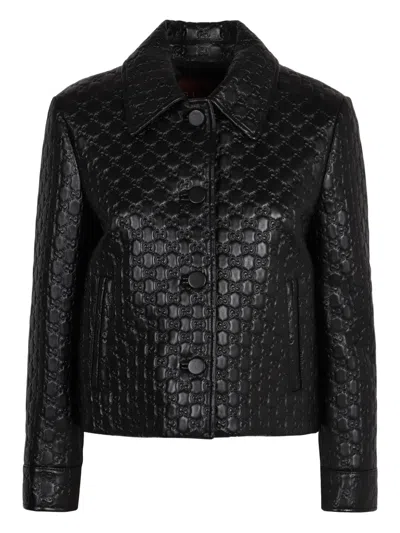 Gucci Embossed-gg Leather Jacket In Black
