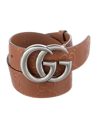 Pre-owned Gucci Embossed Leather Lasercut Accents Waist Belt In Brown