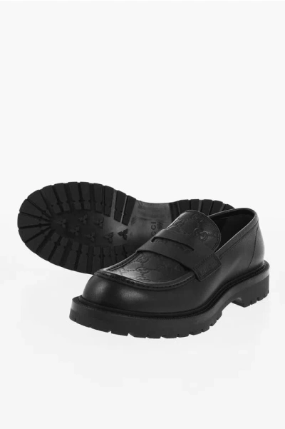 Gucci Embossed Leather Penny Loafers With Monogram Motif In Black