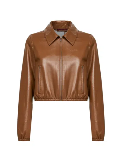 Gucci Women Honey Biscuit Nappa Leather Cropped Logo Jacket In Brown