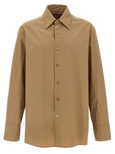 Gucci Beige Shirt With Classic Collar And Tonal Logo Lettering Embroidery On The Front In Cotton Man In Neutral