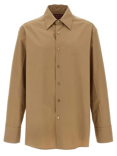 Gucci Beige Shirt With Classic Collar And Tonal Logo Lettering Embroidery On The Front In Cotton Man In Neutral