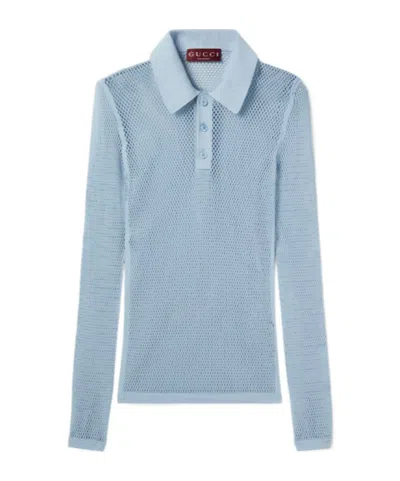 Gucci Embossed Plain Mesh Polo Shirt In Blue