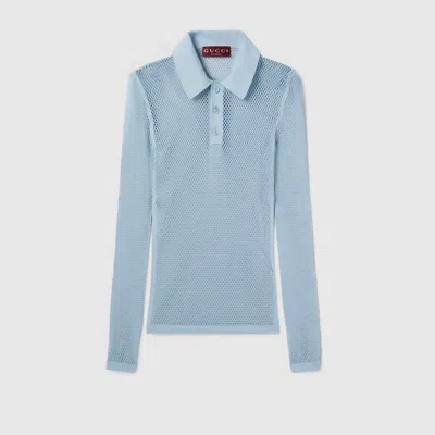 Gucci Embossed Technical Mesh Polo Top In Blue